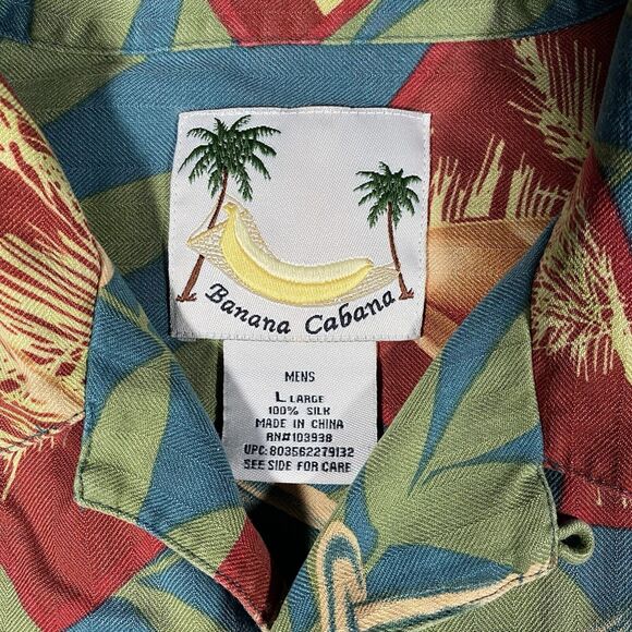 Silk Hawaiian Shirt Men's Sz Lg Martini & Palm Trees Banana Cabana Camp Shirt - Picture 3 of 6